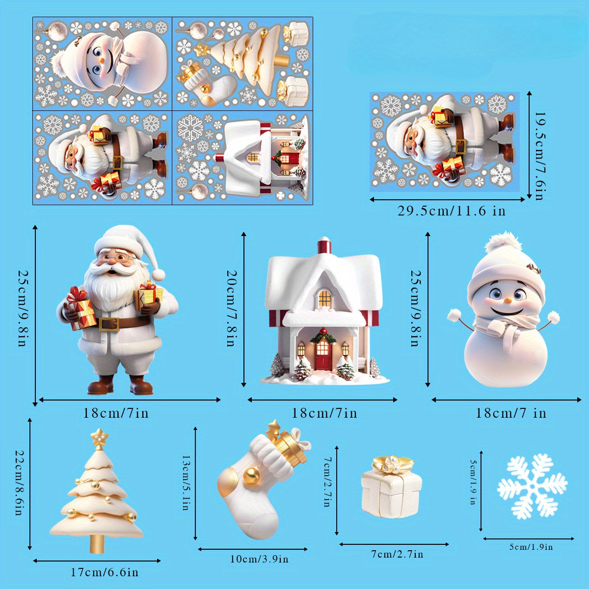 Set of 113 festive Christmas window clings, including snowman, Santa, and holiday themed static stickers. The set comes with 4 sheets of reusable decorative glass decals for home and party decor.