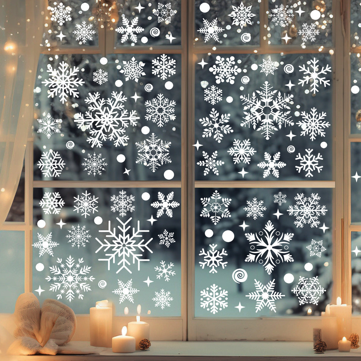 Set of 113 festive Christmas window clings, including snowman, Santa, and holiday themed static stickers. The set comes with 4 sheets of reusable decorative glass decals for home and party decor.