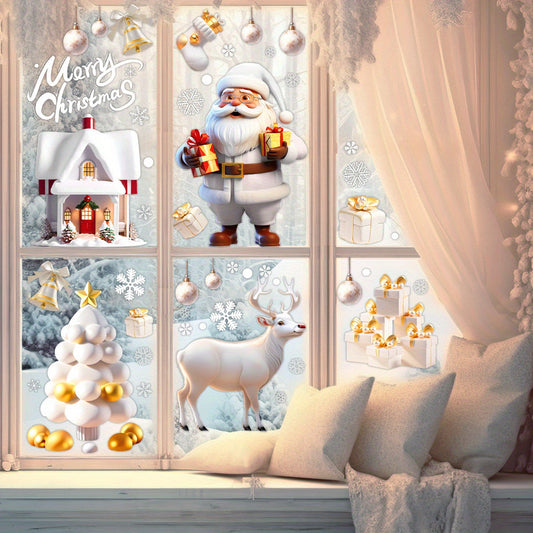 Set of 113 festive Christmas window clings, including snowman, Santa, and holiday themed static stickers. The set comes with 4 sheets of reusable decorative glass decals for home and party decor.