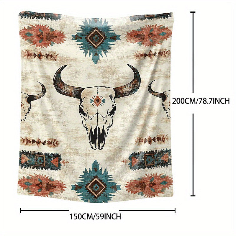 Soft knitted polyester throw blanket with a Western cow skull print. Perfect for bed, sofa, office, or camping. Suitable for all seasons with a mid-century style. Lightweight fabric weighing 200-250g. Features a digital print with no embellishments.