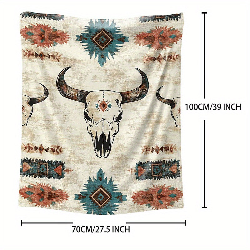 Soft knitted polyester throw blanket with a Western cow skull print. Perfect for bed, sofa, office, or camping. Suitable for all seasons with a mid-century style. Lightweight fabric weighing 200-250g. Features a digital print with no embellishments.