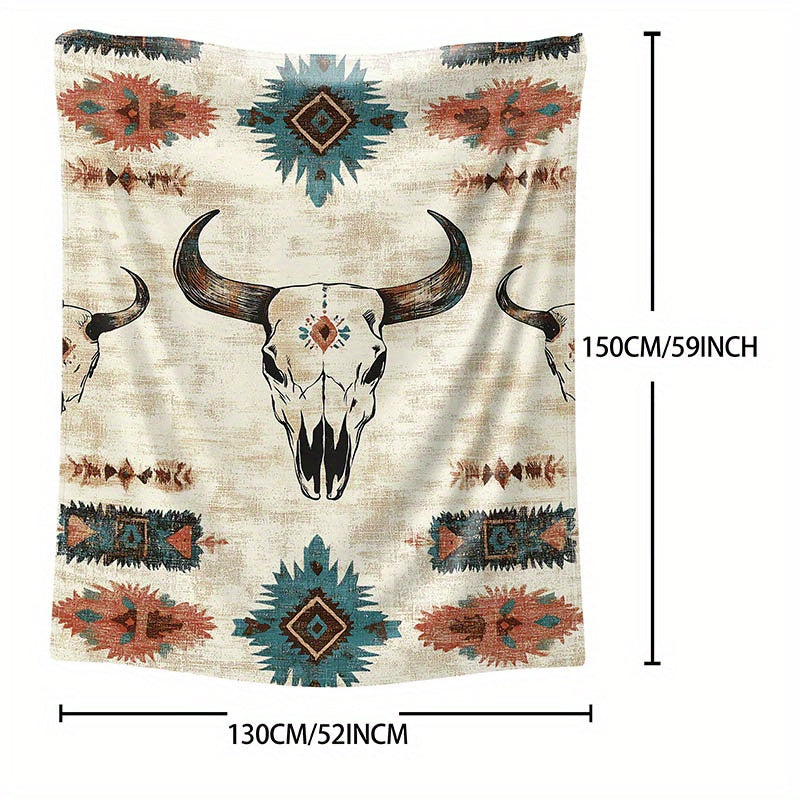 Soft knitted polyester throw blanket with a Western cow skull print. Perfect for bed, sofa, office, or camping. Suitable for all seasons with a mid-century style. Lightweight fabric weighing 200-250g. Features a digital print with no embellishments.