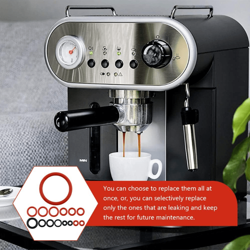 Maintenance kit for espresso machines consisting of 15 easy-to-install anti-leakage valve steam O-rings. Made of durable rubber, safe to use, washable, and does not require power.