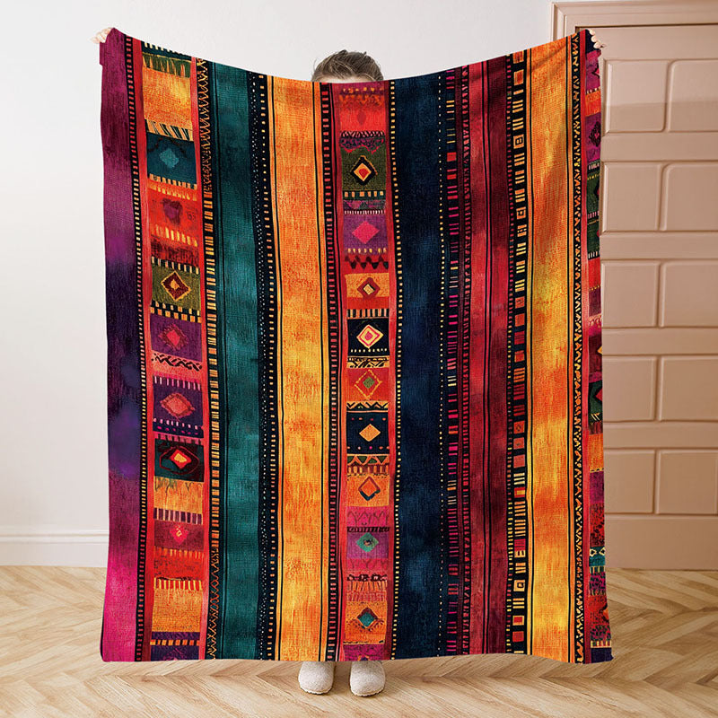 Mid-Century Style Flannel Throw Blanket - Soft Polyester Knit, Digital Print, Tribal Mayan Pattern, Lightweight Warmth for Home, Office, and Camping. Perfect for all seasons, this cozy sofa and bed cover weighs 200-250g.