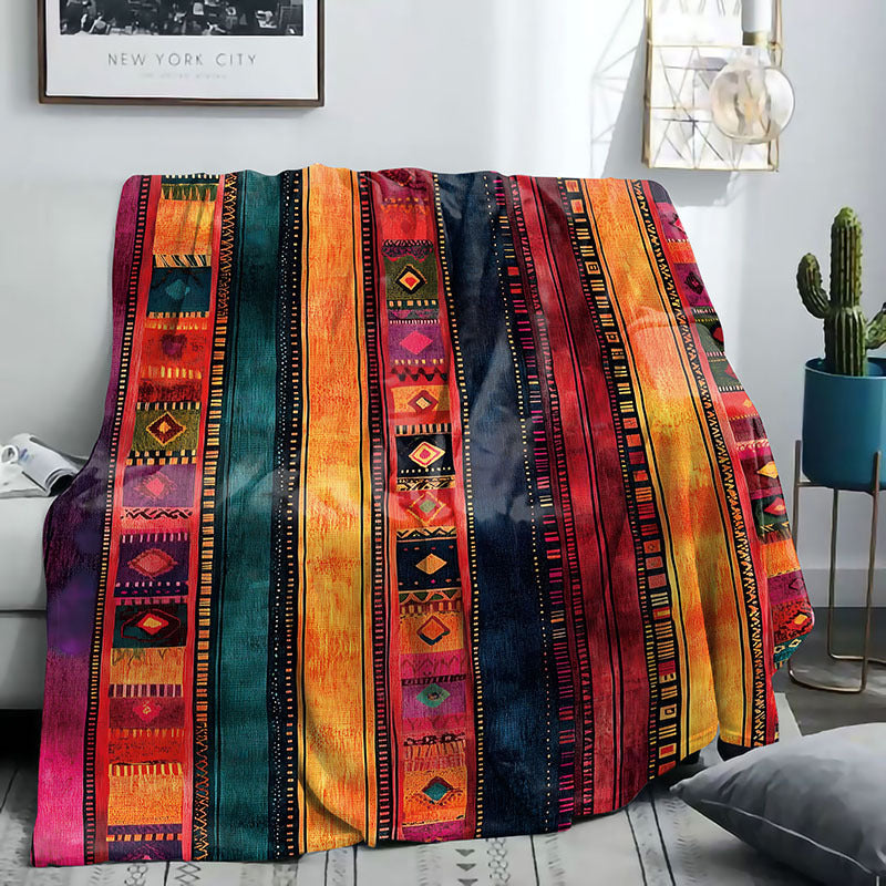 Mid-Century Style Flannel Throw Blanket - Soft Polyester Knit, Digital Print, Tribal Mayan Pattern, Lightweight Warmth for Home, Office, and Camping. Perfect for all seasons, this cozy sofa and bed cover weighs 200-250g.