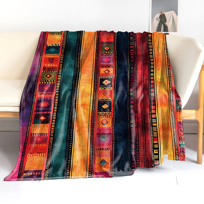 Mid-Century Style Flannel Throw Blanket - Soft Polyester Knit, Digital Print, Tribal Mayan Pattern, Lightweight Warmth for Home, Office, and Camping. Perfect for all seasons, this cozy sofa and bed cover weighs 200-250g.