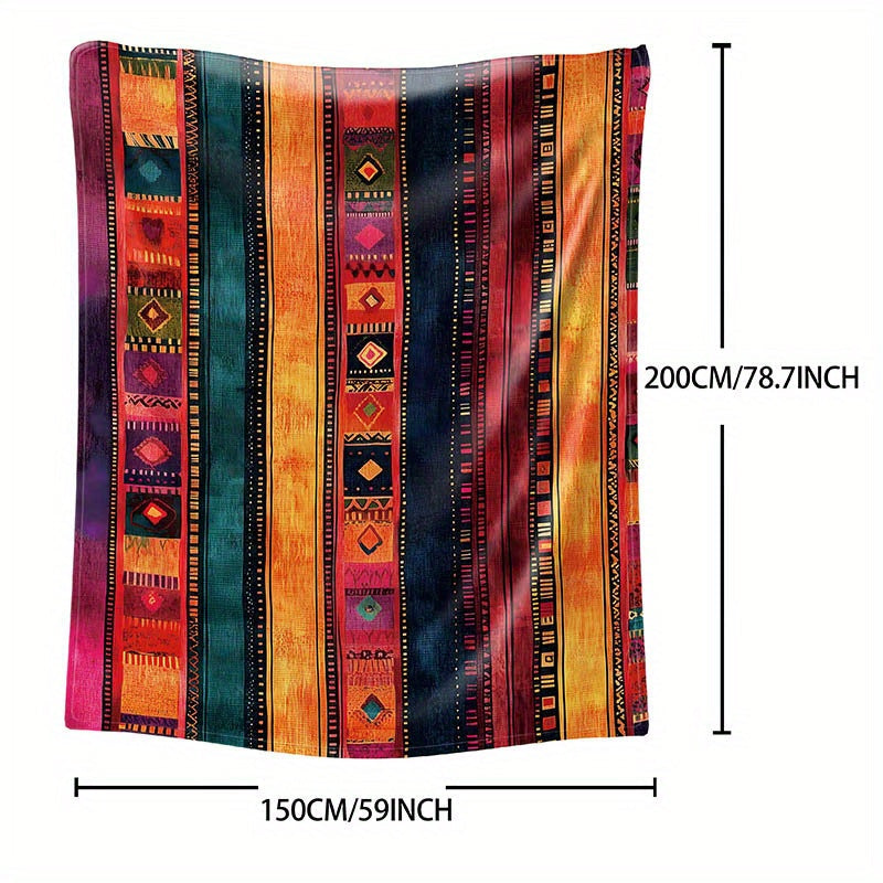 Mid-Century Style Flannel Throw Blanket - Soft Polyester Knit, Digital Print, Tribal Mayan Pattern, Lightweight Warmth for Home, Office, and Camping. Perfect for all seasons, this cozy sofa and bed cover weighs 200-250g.