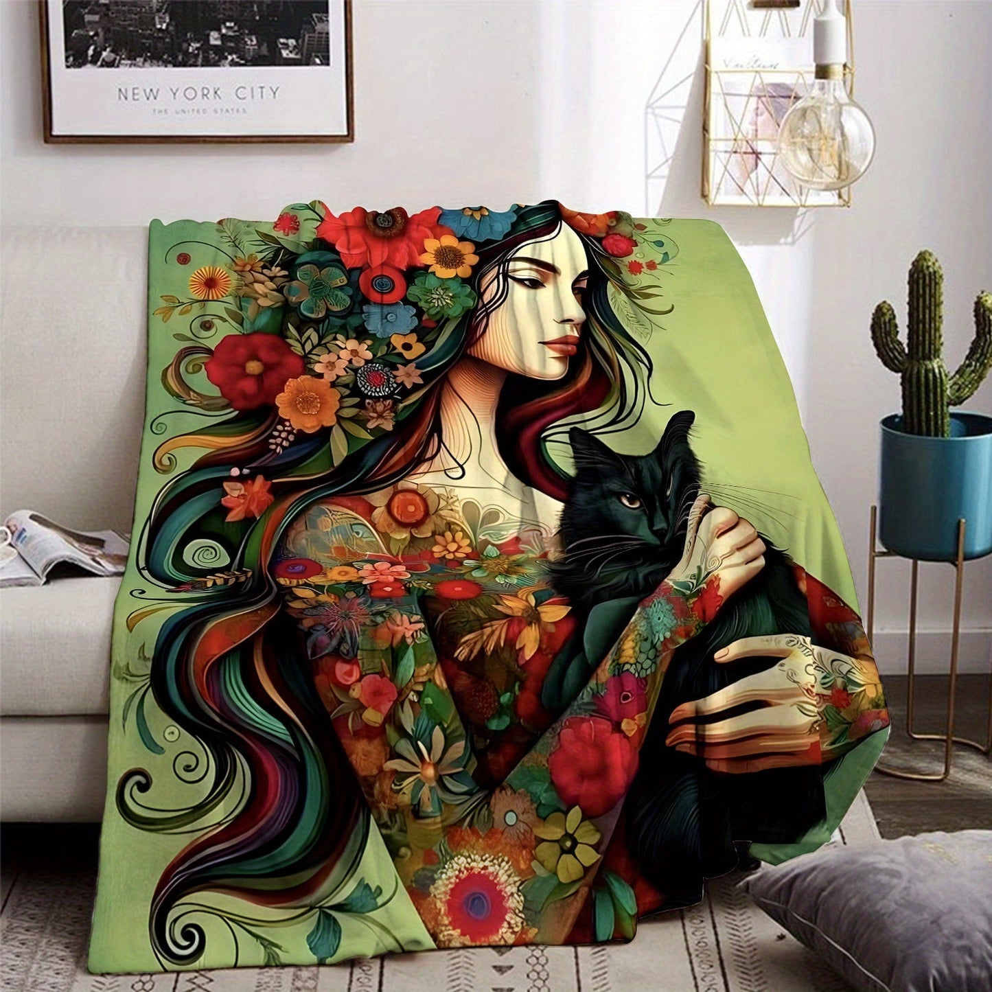 Soft knitted polyester flannel throw blanket featuring a floral girl with black cat print design, measuring 70x100cm. This contemporary style blanket is perfect for all seasons and makes a versatile home decor gift for the living room, nap time, sofa, or