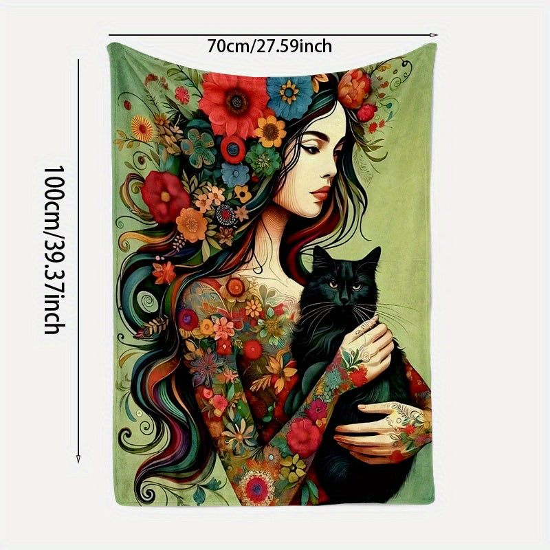 Soft knitted polyester flannel throw blanket featuring a floral girl with black cat print design, measuring 70x100cm. This contemporary style blanket is perfect for all seasons and makes a versatile home decor gift for the living room, nap time, sofa, or