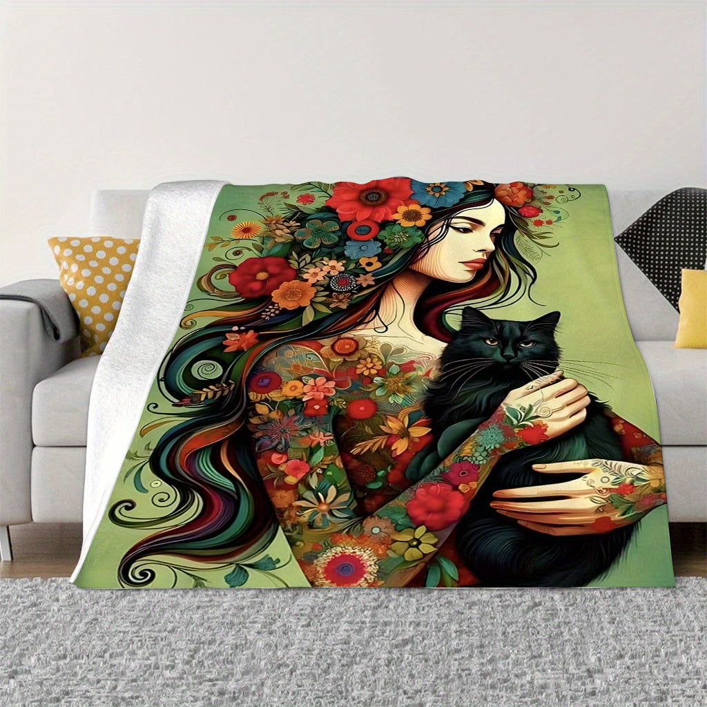 Soft knitted polyester flannel throw blanket featuring a floral girl with black cat print design, measuring 70x100cm. This contemporary style blanket is perfect for all seasons and makes a versatile home decor gift for the living room, nap time, sofa, or