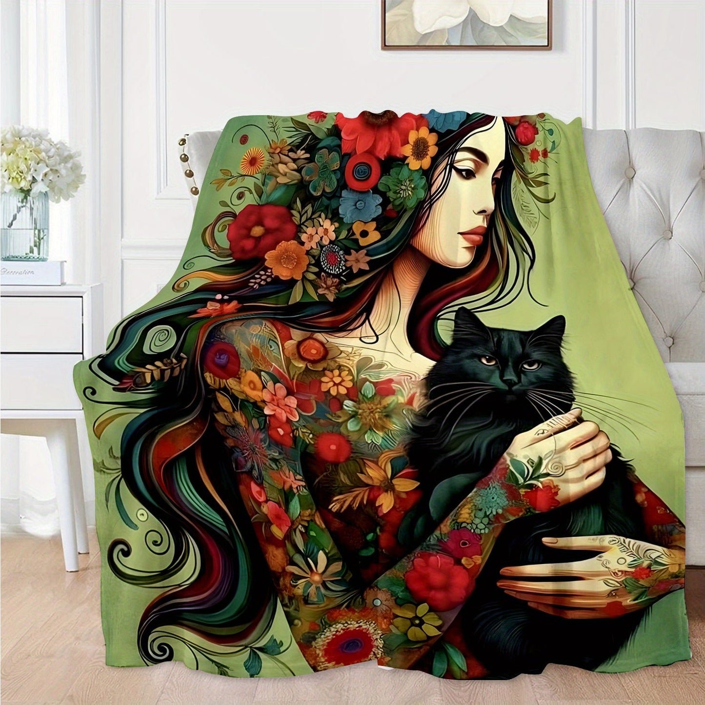 Soft knitted polyester flannel throw blanket featuring a floral girl with black cat print design, measuring 70x100cm. This contemporary style blanket is perfect for all seasons and makes a versatile home decor gift for the living room, nap time, sofa, or