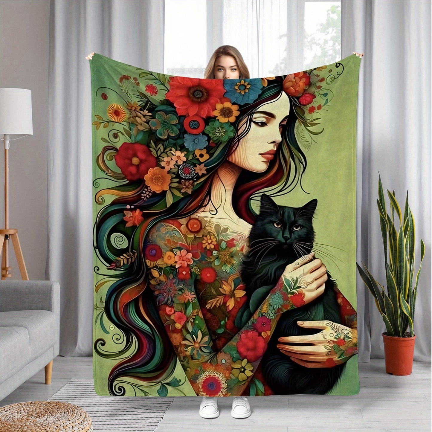 Soft knitted polyester flannel throw blanket featuring a floral girl with black cat print design, measuring 70x100cm. This contemporary style blanket is perfect for all seasons and makes a versatile home decor gift for the living room, nap time, sofa, or