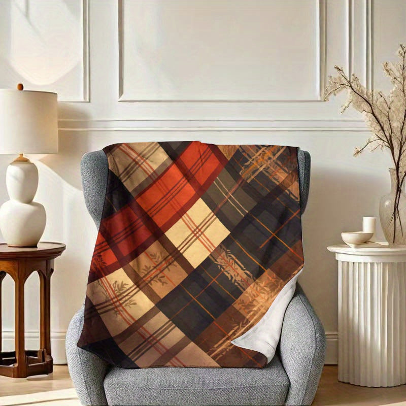 Autumn Plaid Floral Flannel Throw Blanket - 1 piece, 200-250g, in Mixed Colors. This contemporary style blanket features a digital print on soft polyester, with a woven design that is machine washable. Perfect for all seasons, it can be used as home