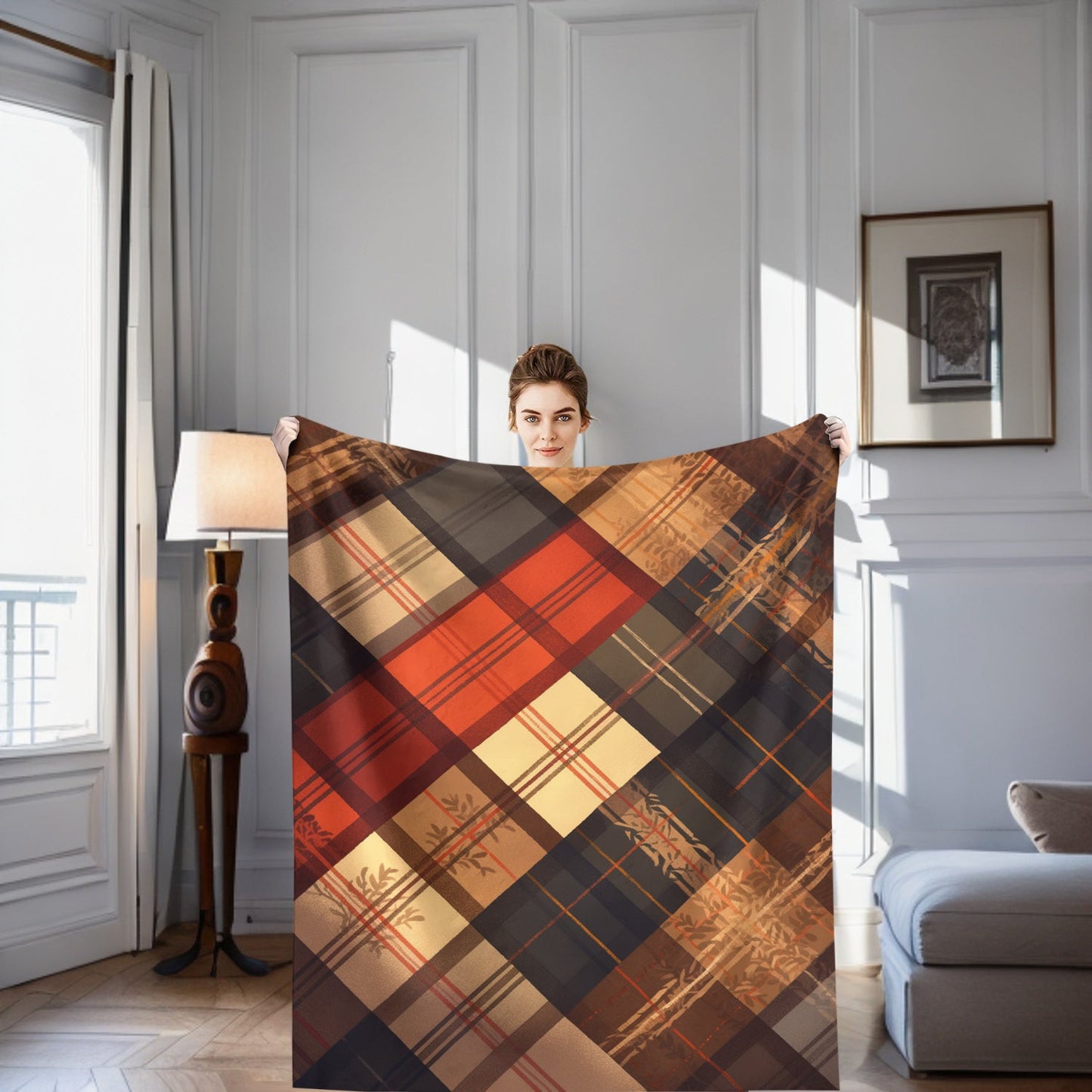 Autumn Plaid Floral Flannel Throw Blanket - 1 piece, 200-250g, in Mixed Colors. This contemporary style blanket features a digital print on soft polyester, with a woven design that is machine washable. Perfect for all seasons, it can be used as home