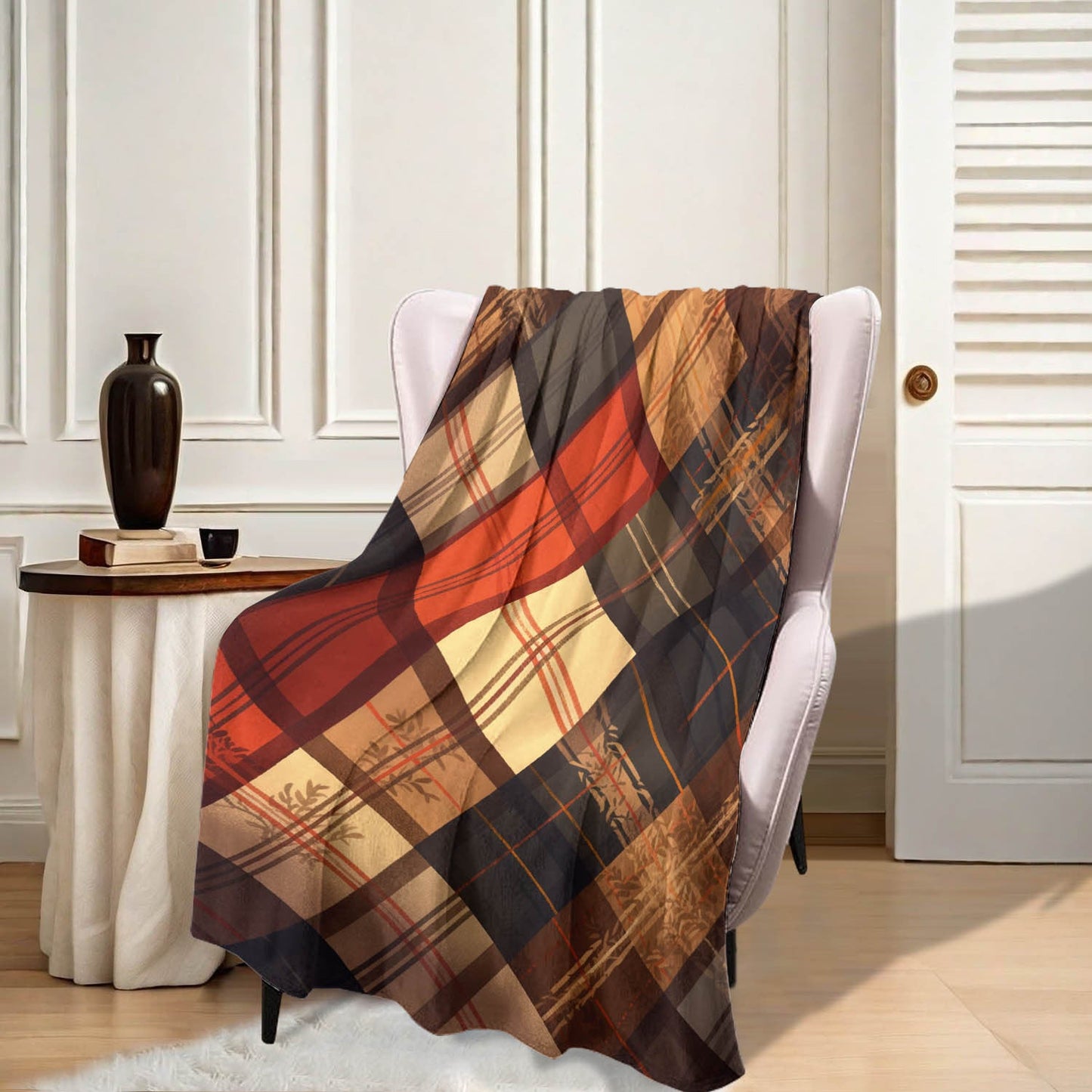 Autumn Plaid Floral Flannel Throw Blanket - 1 piece, 200-250g, in Mixed Colors. This contemporary style blanket features a digital print on soft polyester, with a woven design that is machine washable. Perfect for all seasons, it can be used as home