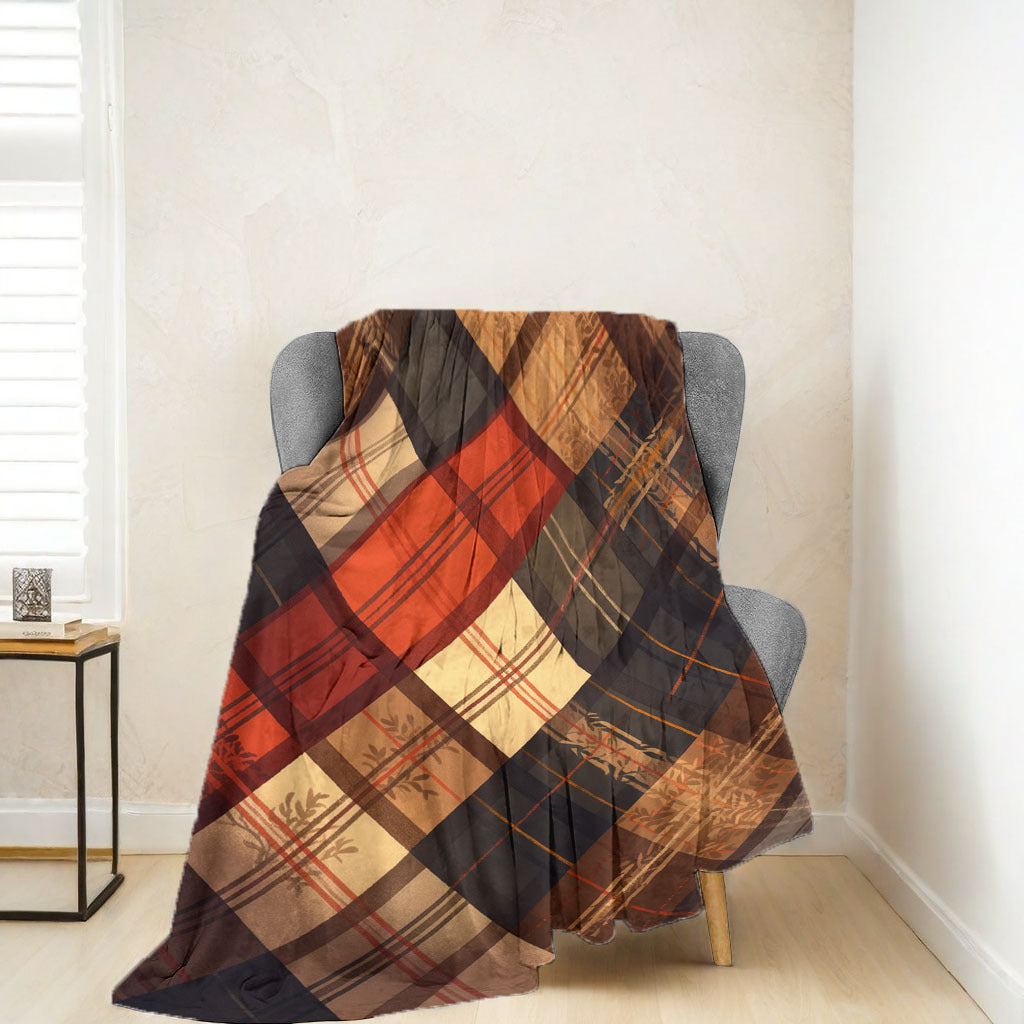 Autumn Plaid Floral Flannel Throw Blanket - 1 piece, 200-250g, in Mixed Colors. This contemporary style blanket features a digital print on soft polyester, with a woven design that is machine washable. Perfect for all seasons, it can be used as home