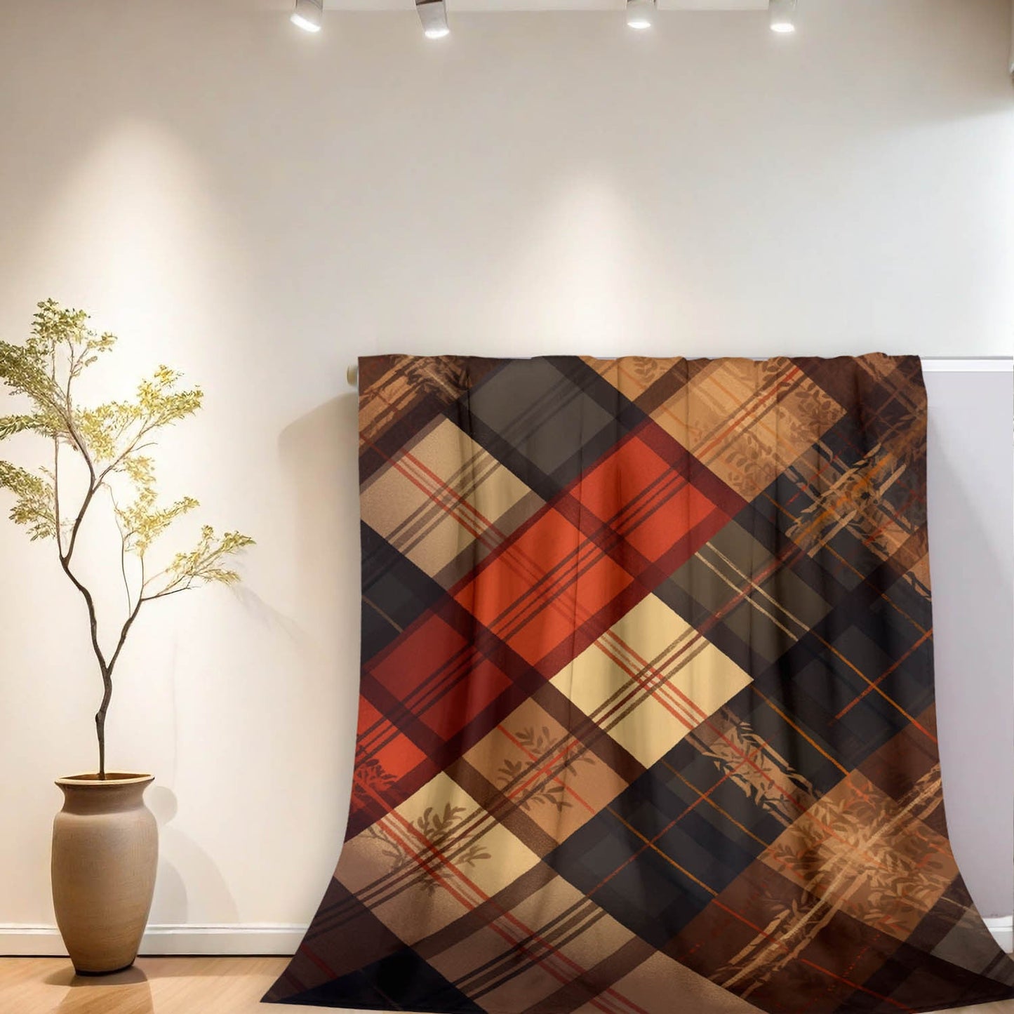 Autumn Plaid Floral Flannel Throw Blanket - 1 piece, 200-250g, in Mixed Colors. This contemporary style blanket features a digital print on soft polyester, with a woven design that is machine washable. Perfect for all seasons, it can be used as home