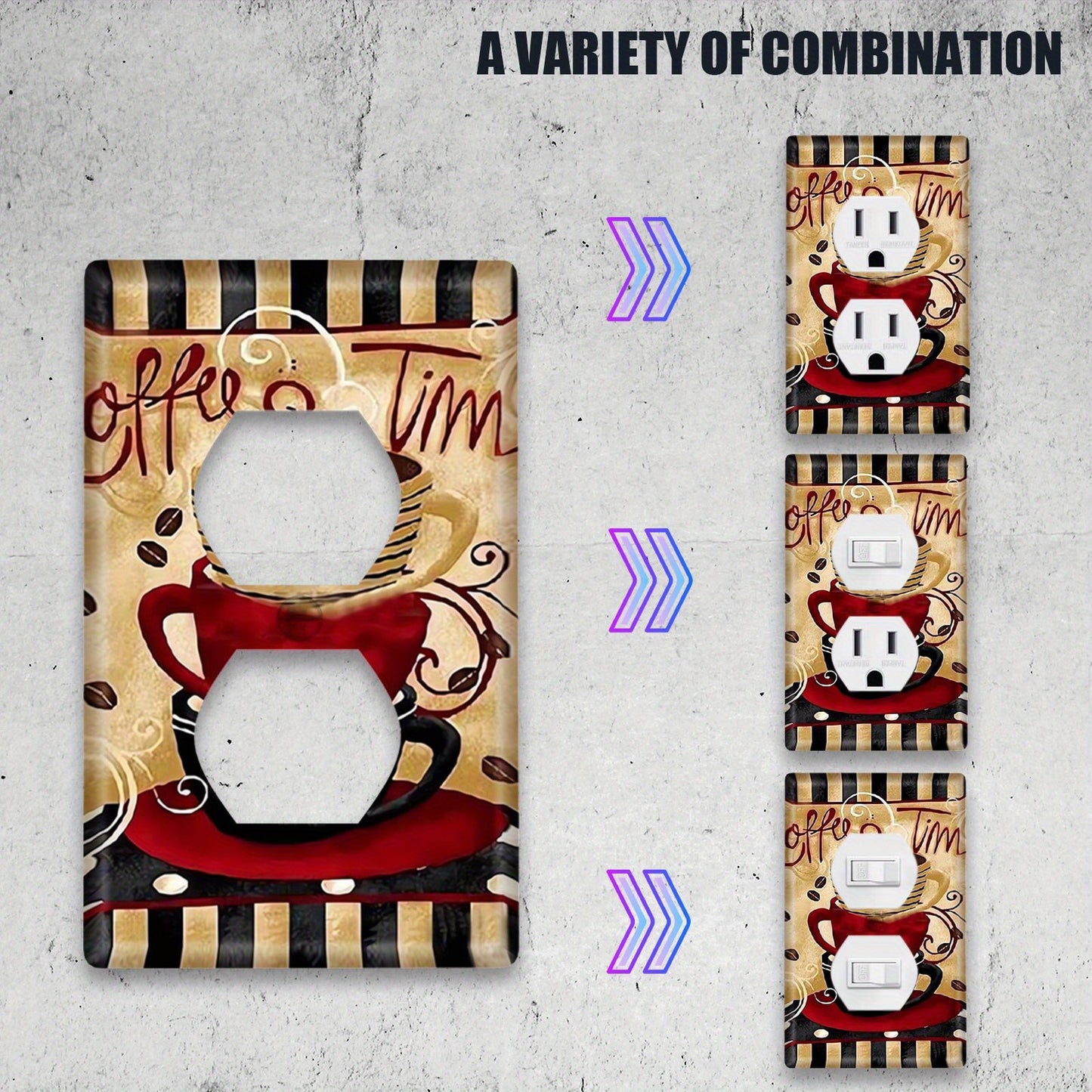 Decorative switch board featuring fashion coffee cup design for unused sockets, switches. Double-sided wall panels suitable for bathrooms, kitchens, bedrooms, offices.