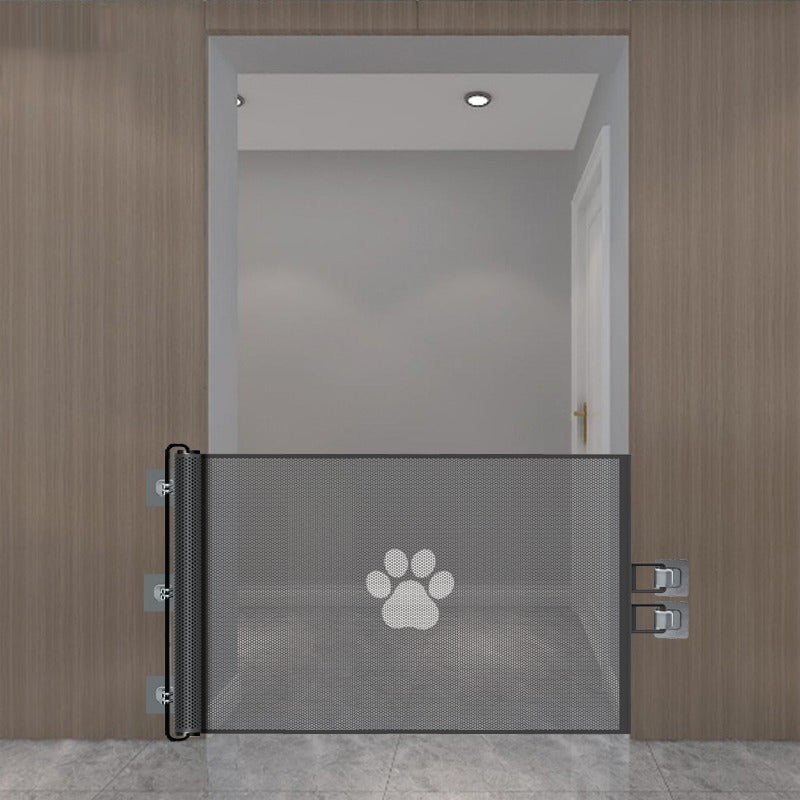 Sturdy retractable dog gate with five adhesive hooks for easy assembly and pet safety at home.