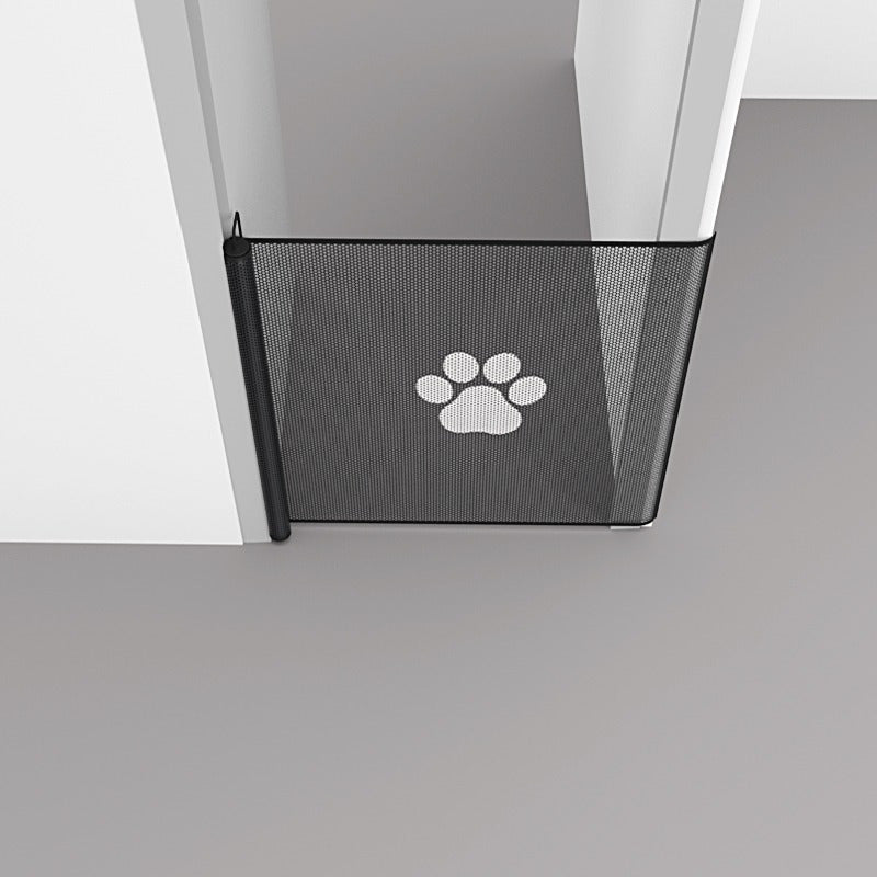 Sturdy retractable dog gate with five adhesive hooks for easy assembly and pet safety at home.