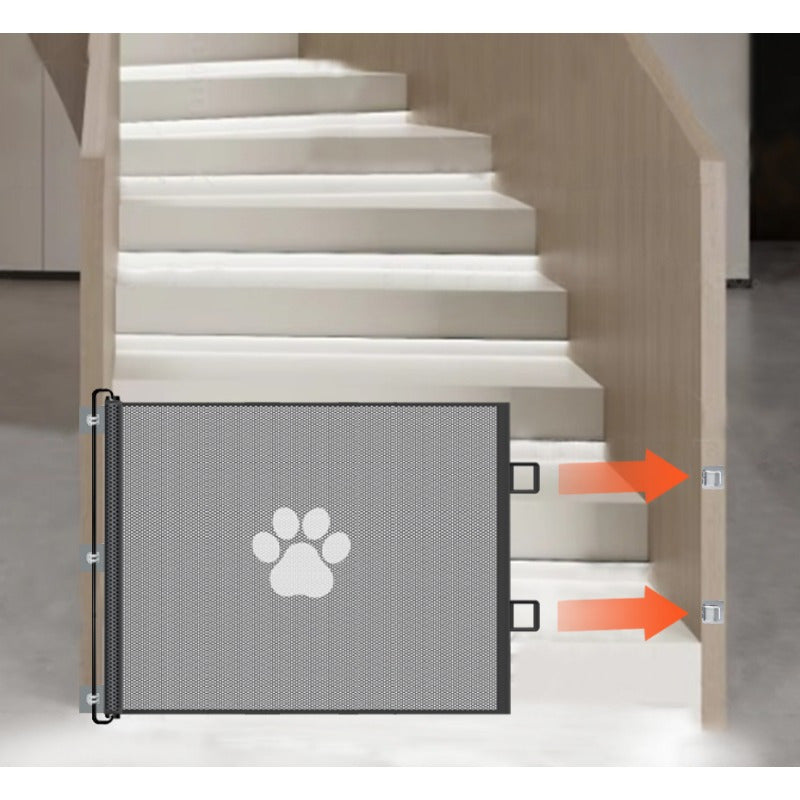 Sturdy retractable dog gate with five adhesive hooks for easy assembly and pet safety at home.