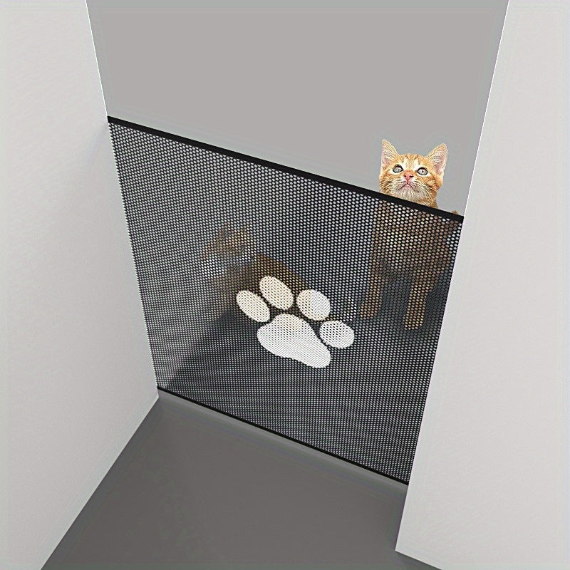 Sturdy retractable dog gate with five adhesive hooks for easy assembly and pet safety at home.