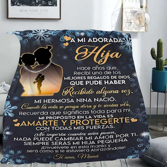 A Letter to My Daughter" Spanish Quote Fleece Throw Blanket with Mixed Colors in Contemporary Style. This blanket features a digital print, made from soft warm polyester for all-season comfort. It is machine washable and anti-tear, perfect for use on