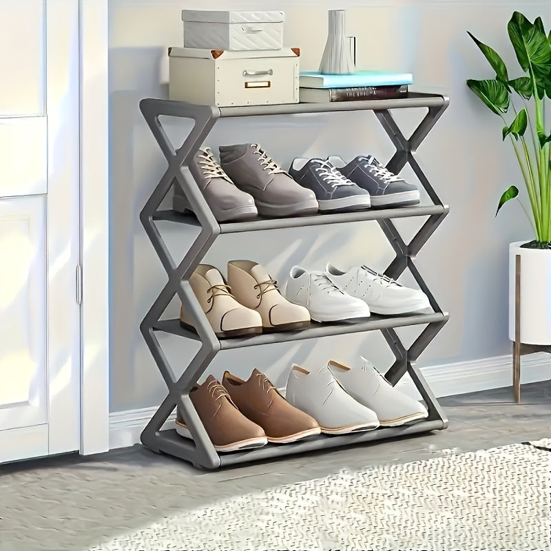 The Foldable 4-Tier Metal Shoe Rack is a compact floor-to-ceiling organizer designed for homes and kitchens. It can hold up to 12 pairs of shoes, making it a space-saving storage solution.