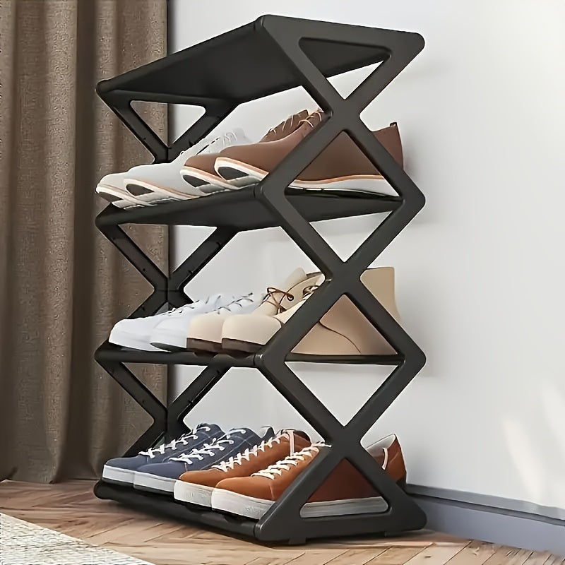 The Foldable 4-Tier Metal Shoe Rack is a compact floor-to-ceiling organizer designed for homes and kitchens. It can hold up to 12 pairs of shoes, making it a space-saving storage solution.