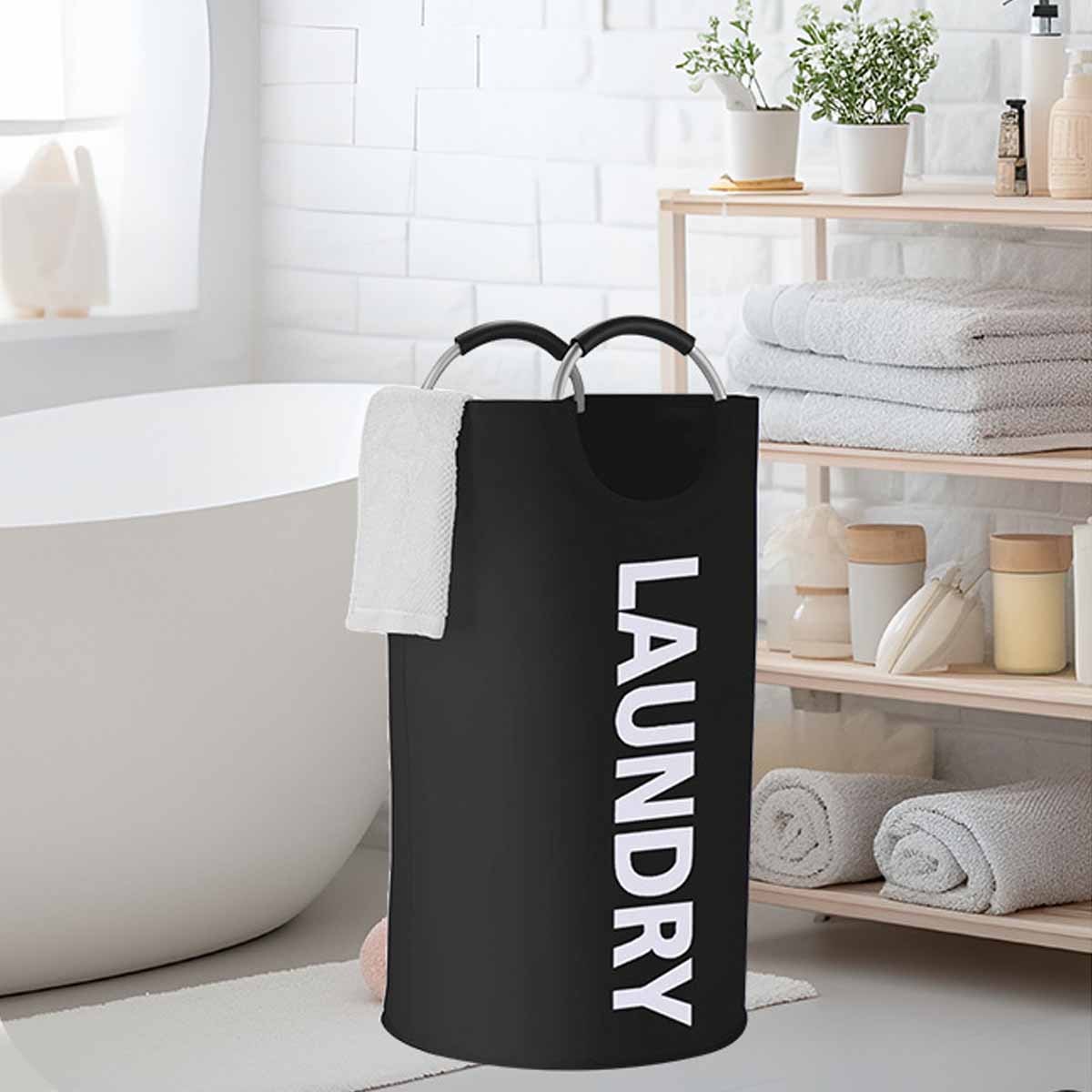 Stay organized with our spacious Extra-Large Nylon Laundry Basket featuring a padded handle. This contemporary rectangle basket is waterproof, foldable, and perfect for storing laundry in your laundry room, bathroom, balcony, or dorm. Built to be durable