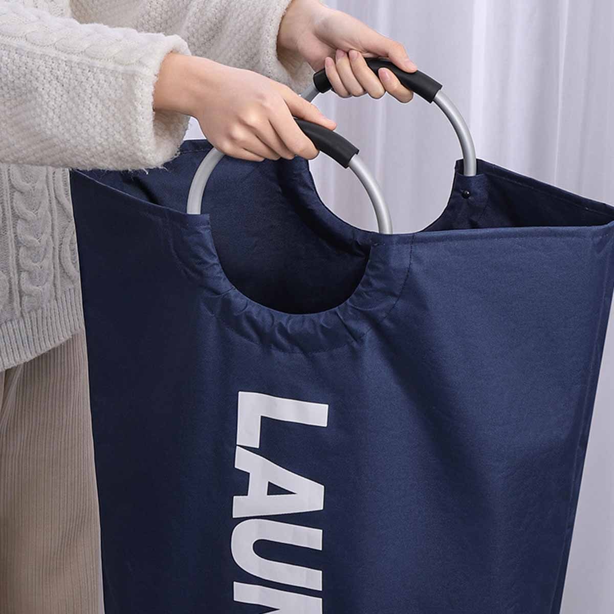 Stay organized with our spacious Extra-Large Nylon Laundry Basket featuring a padded handle. This contemporary rectangle basket is waterproof, foldable, and perfect for storing laundry in your laundry room, bathroom, balcony, or dorm. Built to be durable