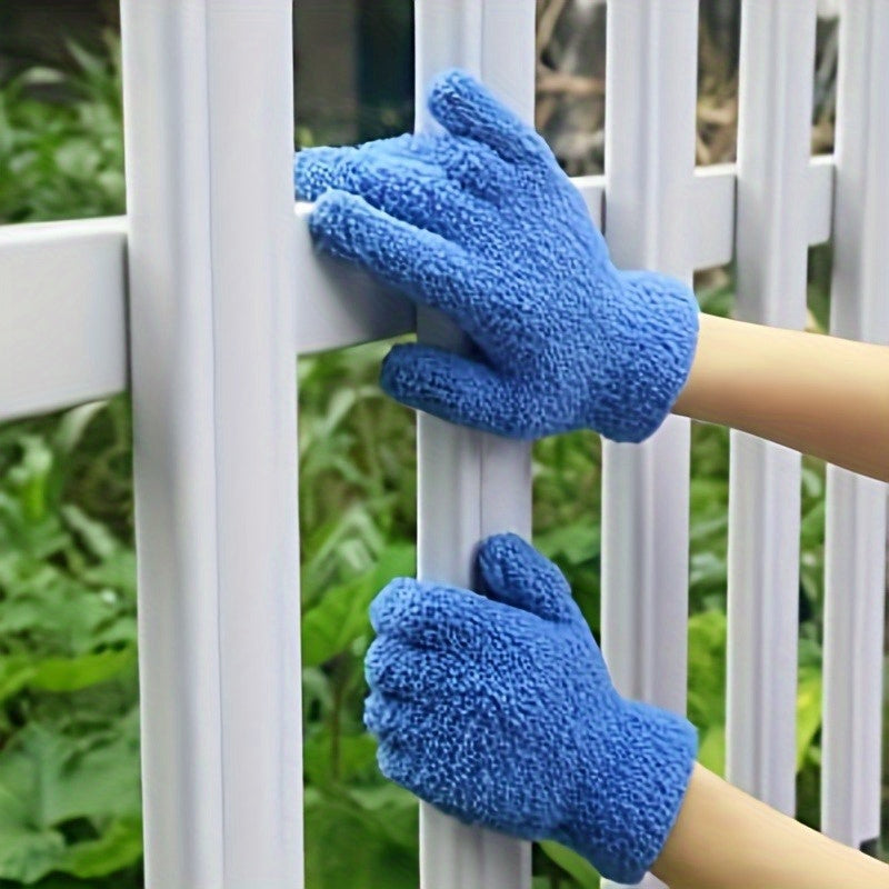 These soft blue microfiber dusting gloves are designed for gentle cleaning of plants, blinds, and difficult-to-access areas.