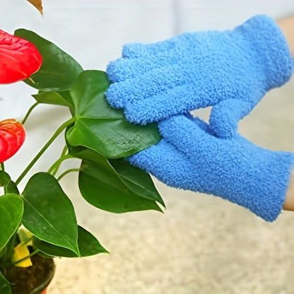 These soft blue microfiber dusting gloves are designed for gentle cleaning of plants, blinds, and difficult-to-access areas.