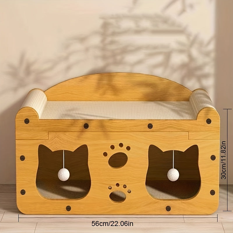 Durable, non-shedding cardboard cat house with play balls.