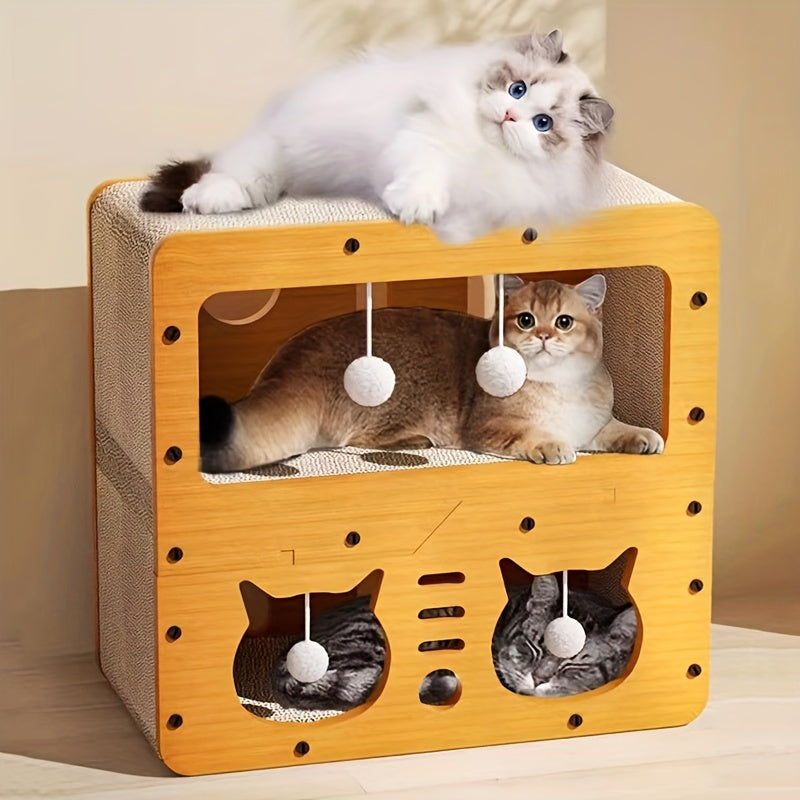 Durable, non-shedding cardboard cat house with play balls.