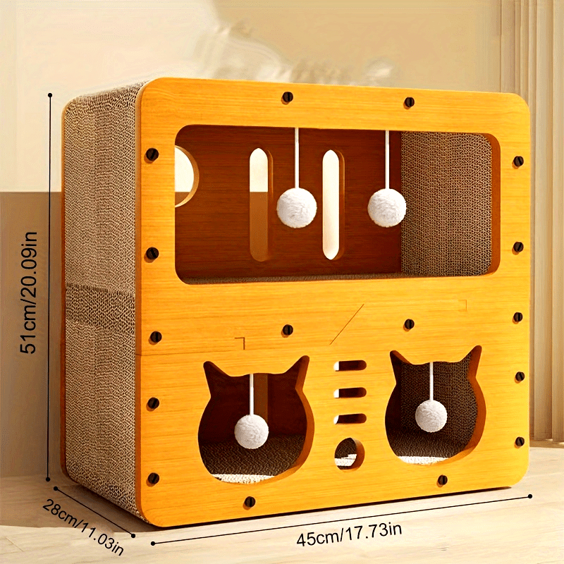 Durable, non-shedding cardboard cat house with play balls.