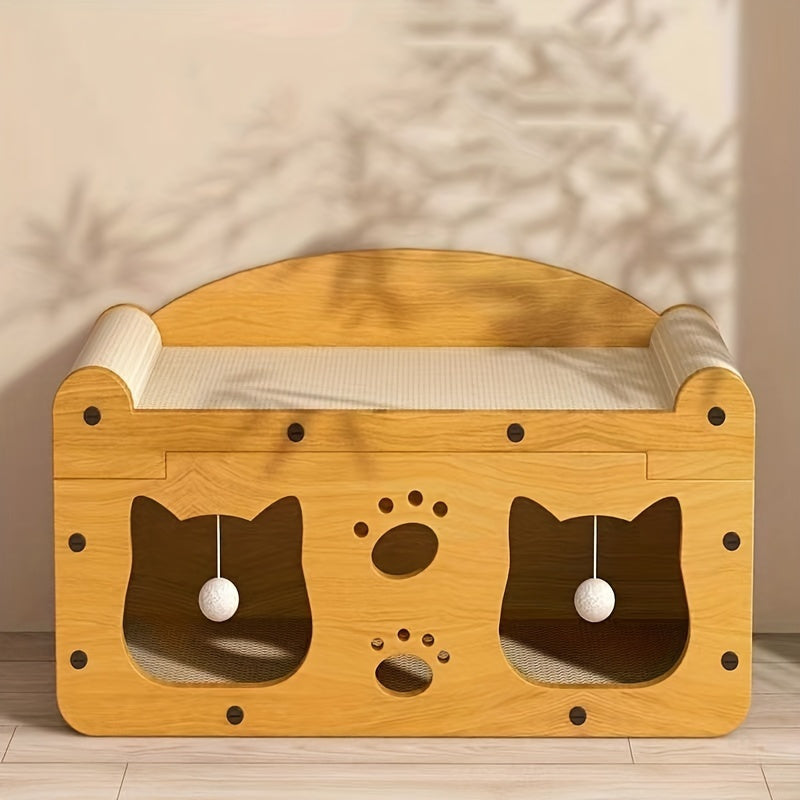 Durable, non-shedding cardboard cat house with play balls.