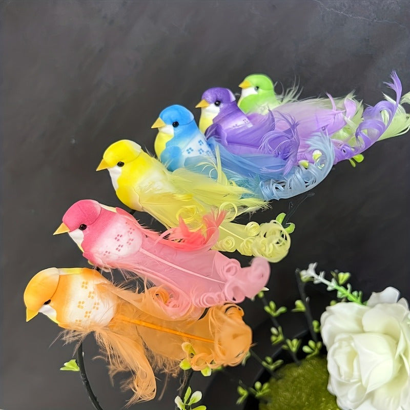 6-Pack of artificial feather birds with long tails for home and garden decor, featuring a modern jungle summer theme. No power required. Ideal for holiday room decorations.