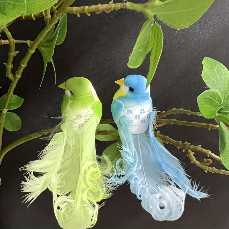 6-Pack of artificial feather birds with long tails for home and garden decor, featuring a modern jungle summer theme. No power required. Ideal for holiday room decorations.