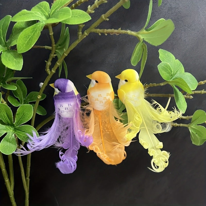 6-Pack of artificial feather birds with long tails for home and garden decor, featuring a modern jungle summer theme. No power required. Ideal for holiday room decorations.