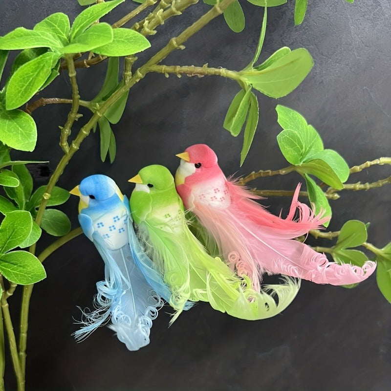 6-Pack of artificial feather birds with long tails for home and garden decor, featuring a modern jungle summer theme. No power required. Ideal for holiday room decorations.