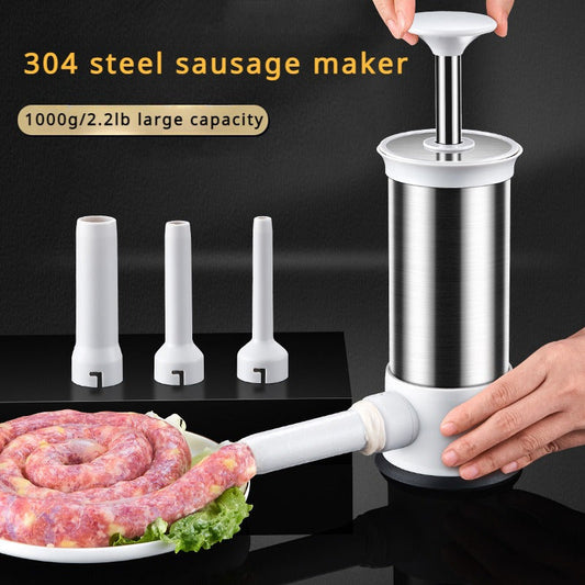 Manual sausage stuffing machine made of stainless steel, perfect for making homemade meat sausages and meatballs. Includes 2 and 5 pieces.