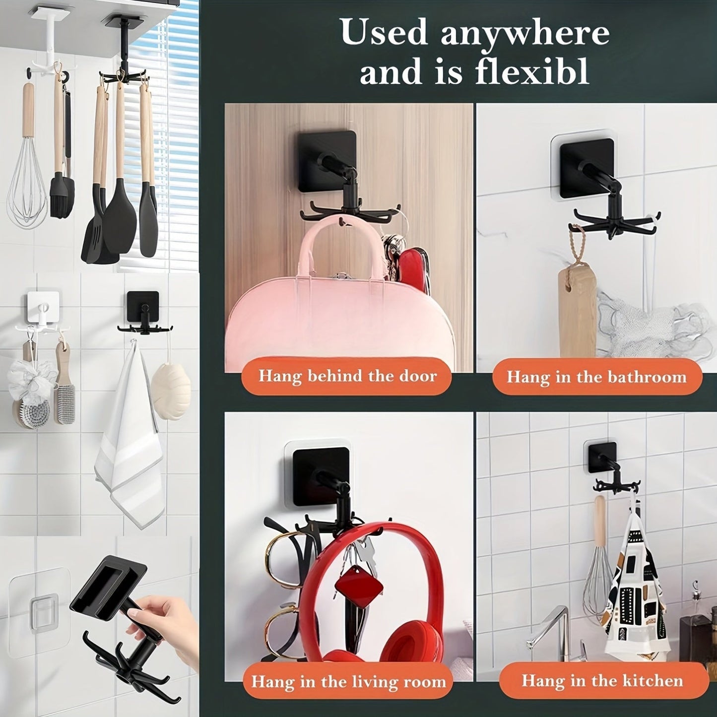 Mount this 1pc Rotatable Plastic Utensil Holder on your wall and save space in your kitchen. The strong adhesive hooks provide secure storage for cooking tools under your cabinet. Its portable wall hanging design in black is both functional and stylish.