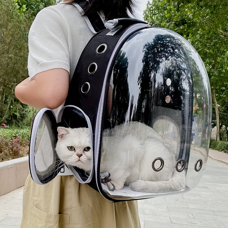 Clear acrylic cat backpack carrier with durable zippered pet capsule and breathable mesh for travel and outdoor use.