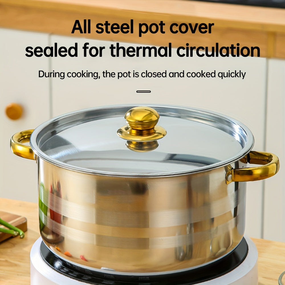 This collection includes 10 stainless steel cookware sets complete with lids, as well as 5 double-handled deep frying pans with varying diameters of 18.01, 19.99, 22.0, 24.0, and 26.01 cm. 

The versatile pot is perfect for both home and restaurant