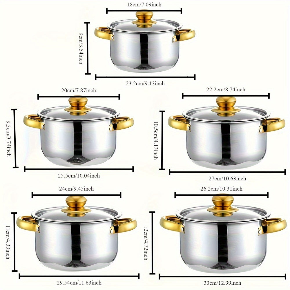 This collection includes 10 stainless steel cookware sets complete with lids, as well as 5 double-handled deep frying pans with varying diameters of 18.01, 19.99, 22.0, 24.0, and 26.01 cm. 

The versatile pot is perfect for both home and restaurant