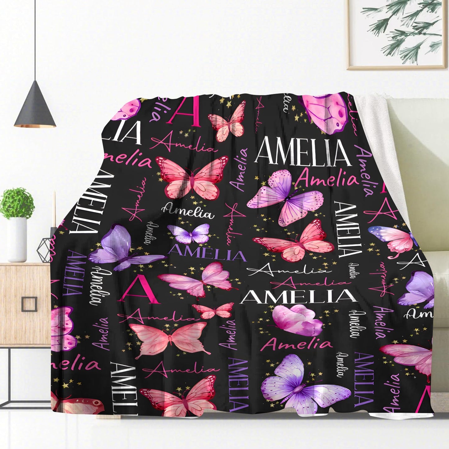 Get a personalized flannel throw blanket with the custom name "Amelia Butterfly" pattern. This vintage style sofa TV blanket is made of soft knitted polyester, perfect for all seasons. It features a digital print and makes a unique gift for your son or