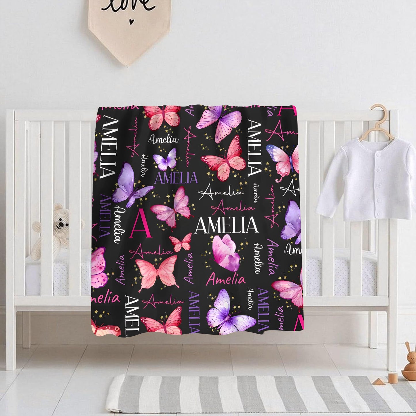 Get a personalized flannel throw blanket with the custom name "Amelia Butterfly" pattern. This vintage style sofa TV blanket is made of soft knitted polyester, perfect for all seasons. It features a digital print and makes a unique gift for your son or