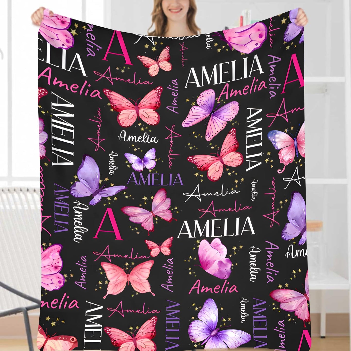 Get a personalized flannel throw blanket with the custom name "Amelia Butterfly" pattern. This vintage style sofa TV blanket is made of soft knitted polyester, perfect for all seasons. It features a digital print and makes a unique gift for your son or