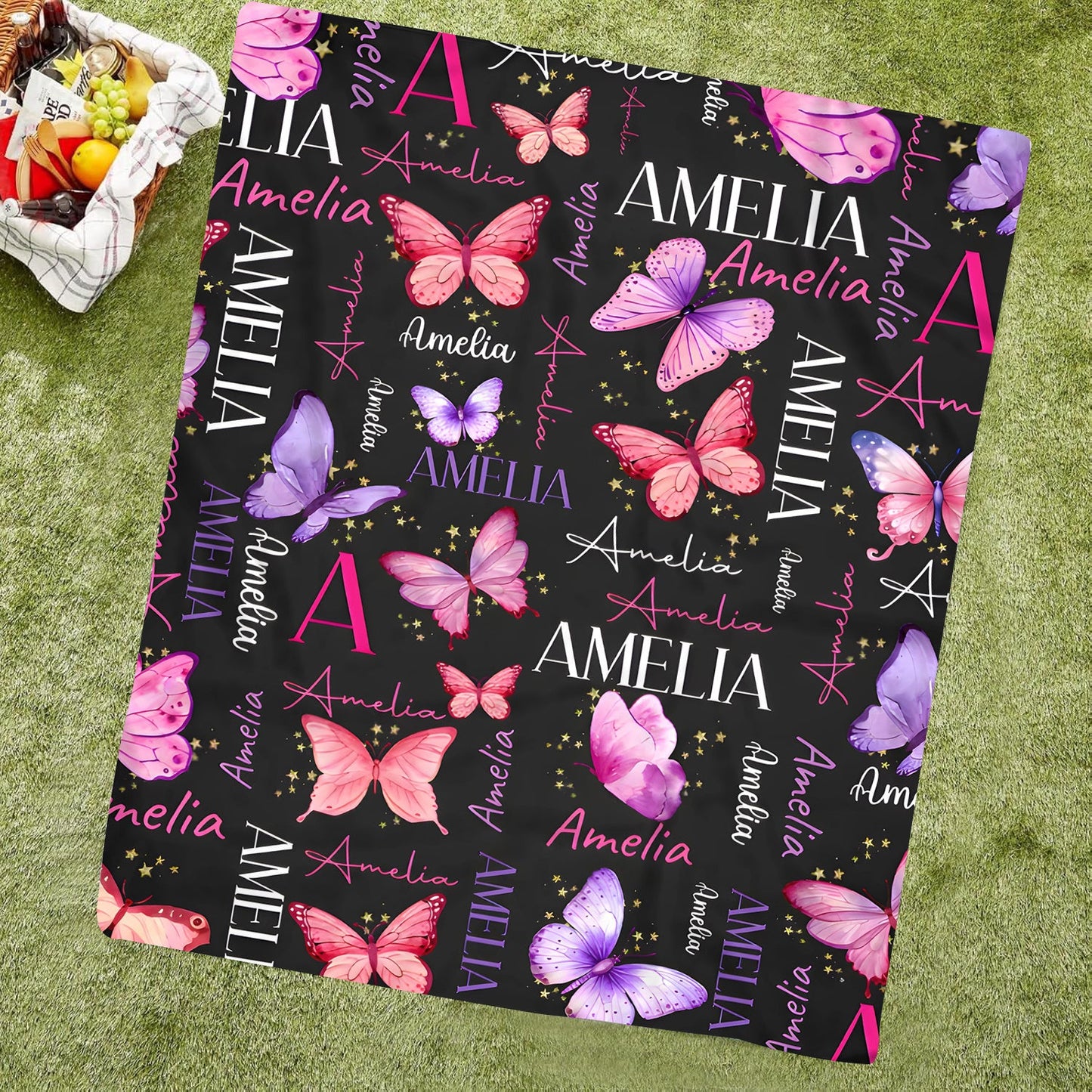 Get a personalized flannel throw blanket with the custom name "Amelia Butterfly" pattern. This vintage style sofa TV blanket is made of soft knitted polyester, perfect for all seasons. It features a digital print and makes a unique gift for your son or